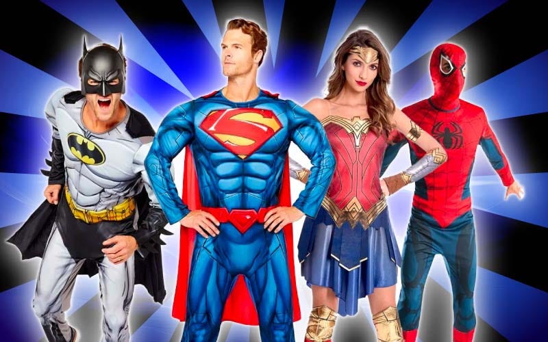 Superhero fancy dress ideas including Batman, Superman, Wonder Woman and Spiderman