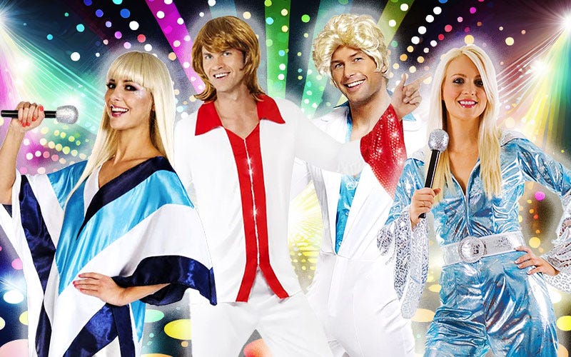 ABBA Fancy Dress Ideas ABBA fancy dress ideas featuring bell bottom flares, disco poncho and white jumpsuit