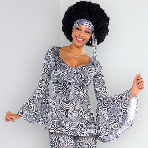 Woman is silver 70s dress costume