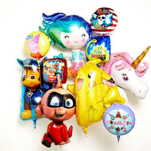 A selection of kids' balloons showing different characters, including Pikachu, a unicorn, Jack Jack from The Incredibles, a mermaid, Peppa Pig and Paw Patrol