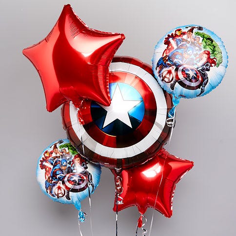 superhero balloon bunch featuing a large foil balloon of captain america's shield