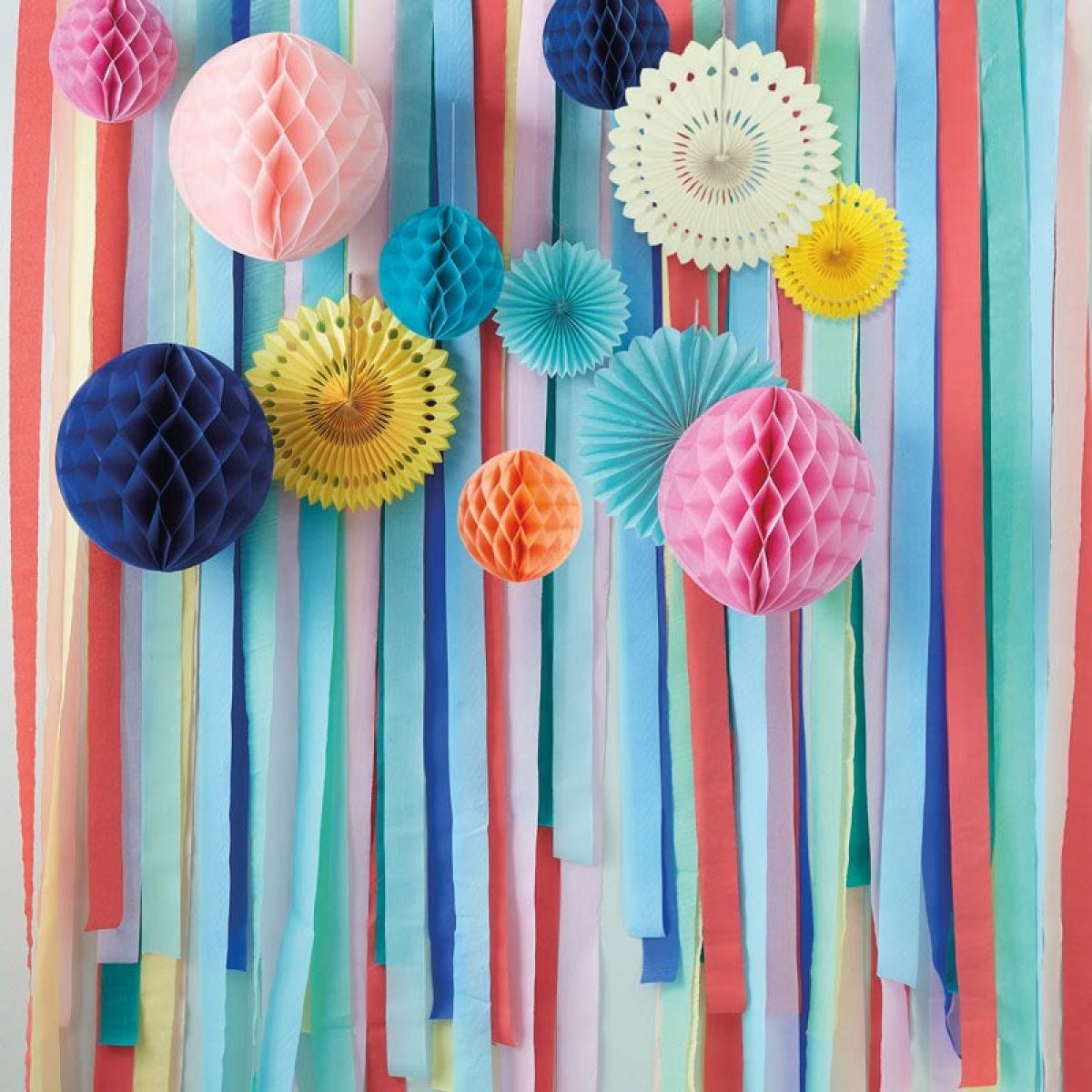 Multicoloured Streamer Backdrop with Honeycombs & Fans