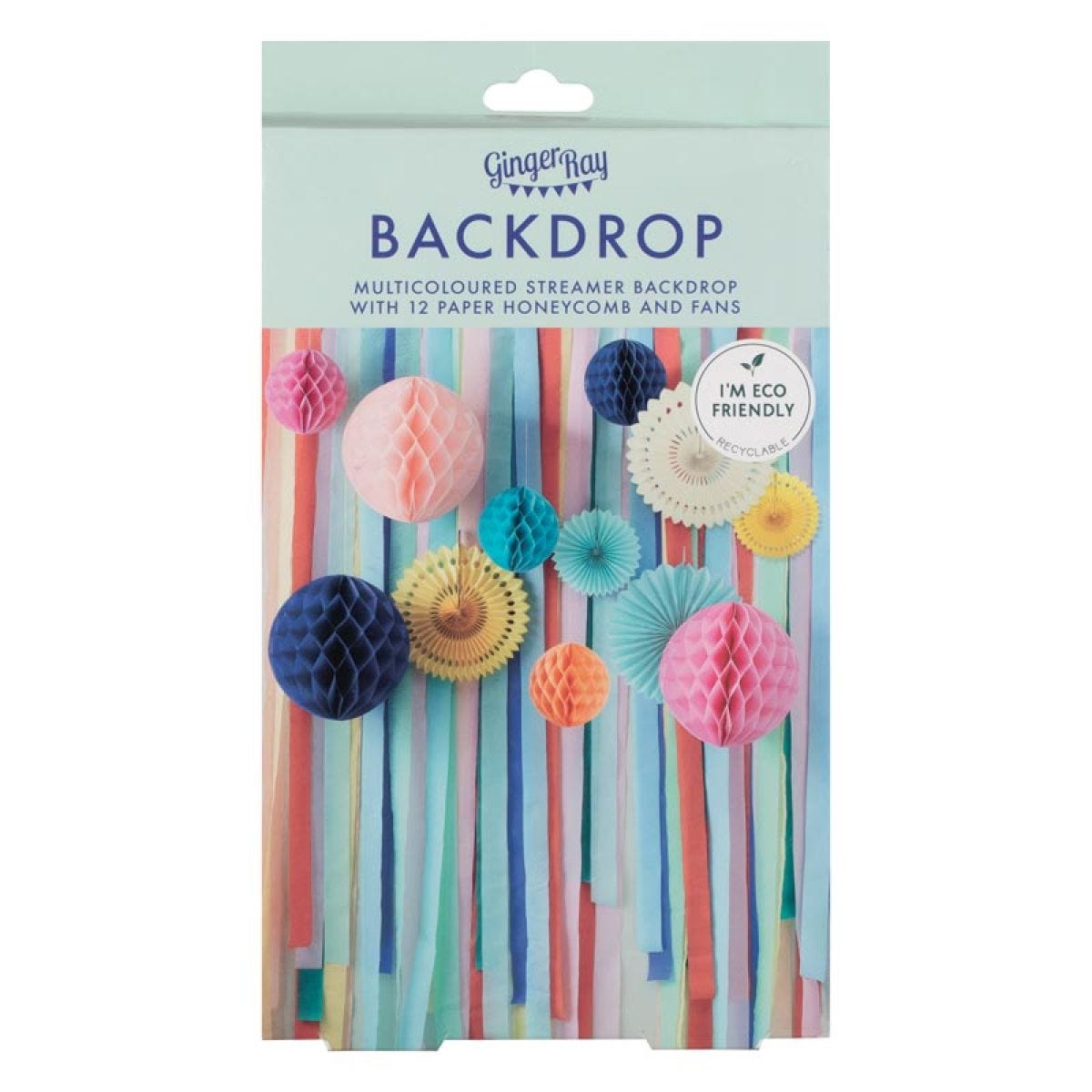 Multicoloured Streamer Backdrop with Honeycombs & Fans