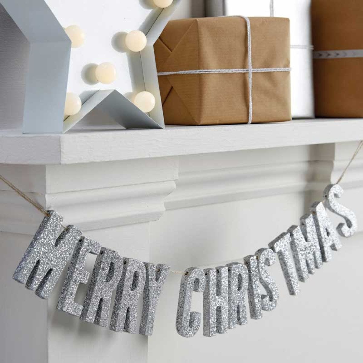 Silver Glitter Merry Christmas Wooden Bunting - 70cm