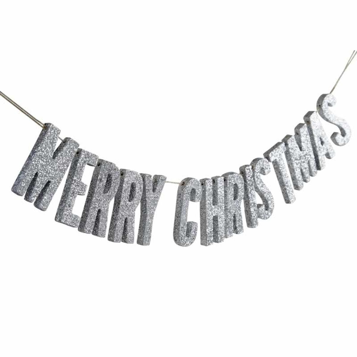 Silver Glitter Merry Christmas Wooden Bunting - 70cm
