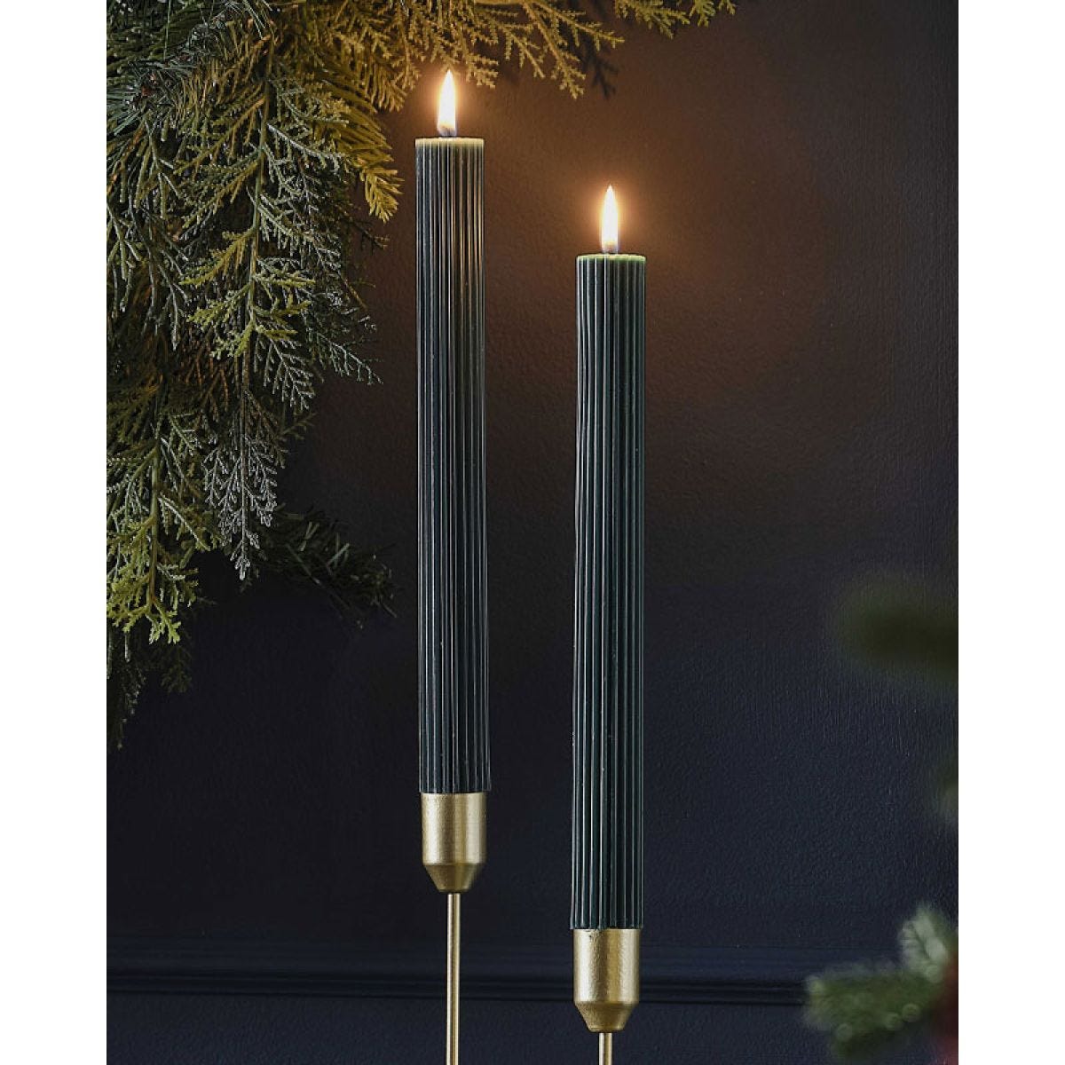 Dark Green Ribbed Candles (2pk)
