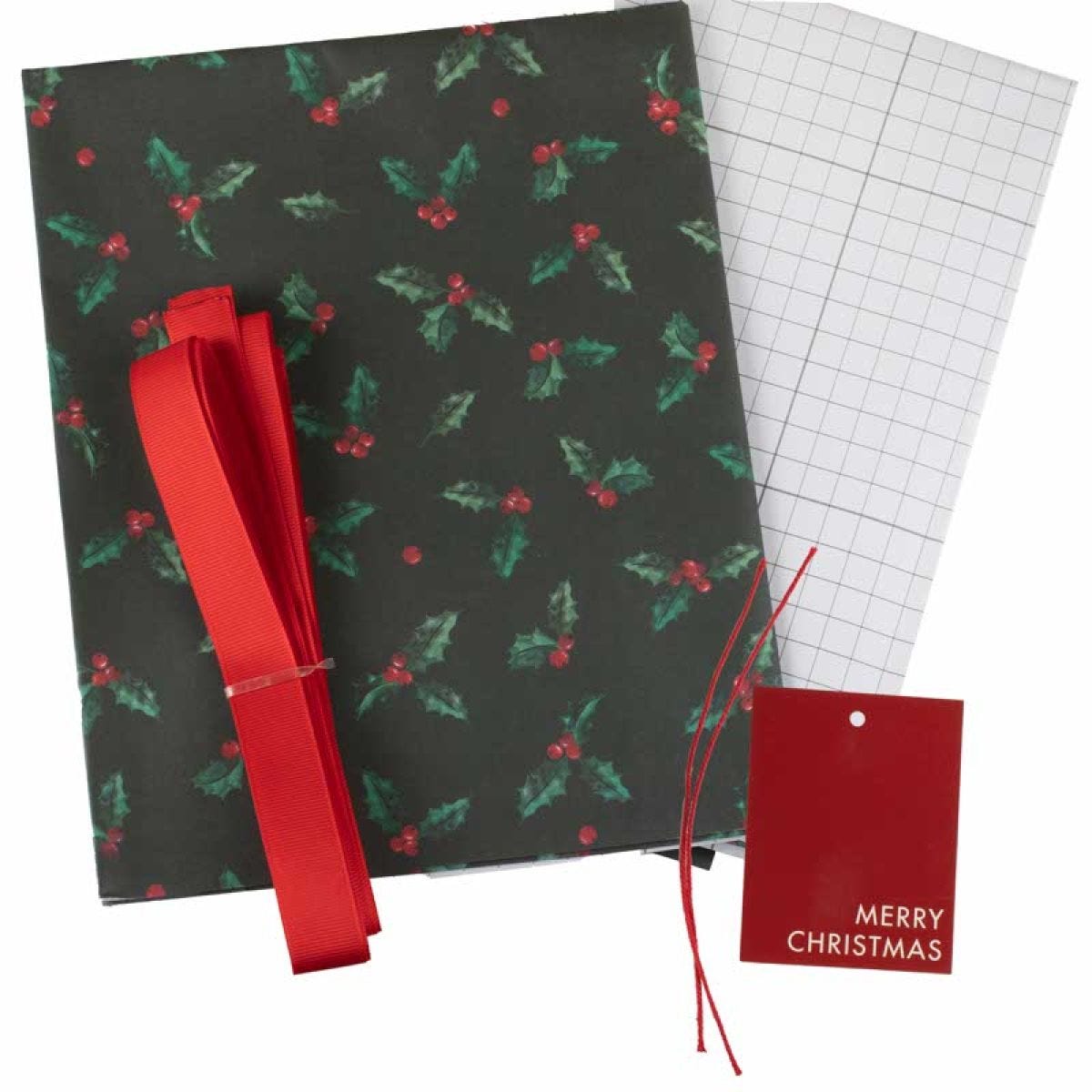 Holly Wrapping Paper with Gift Tags & Ribbon - 2 Sheets (50cm x 70cm)