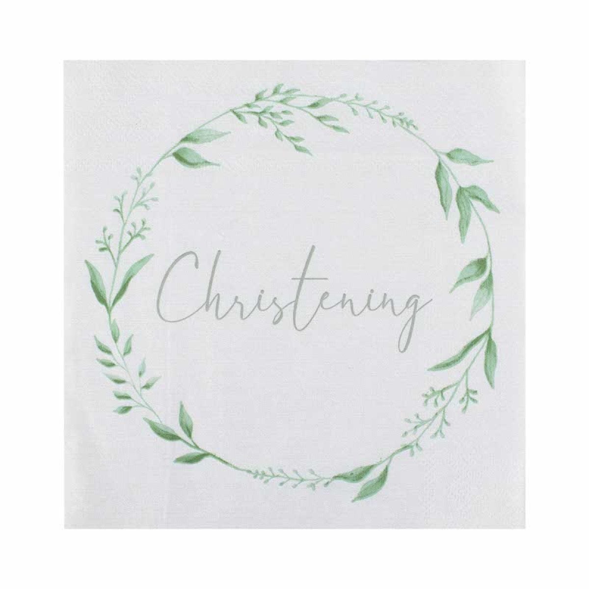 White & Green Botanical Christening Paper Napkins - 33cm (16pk)