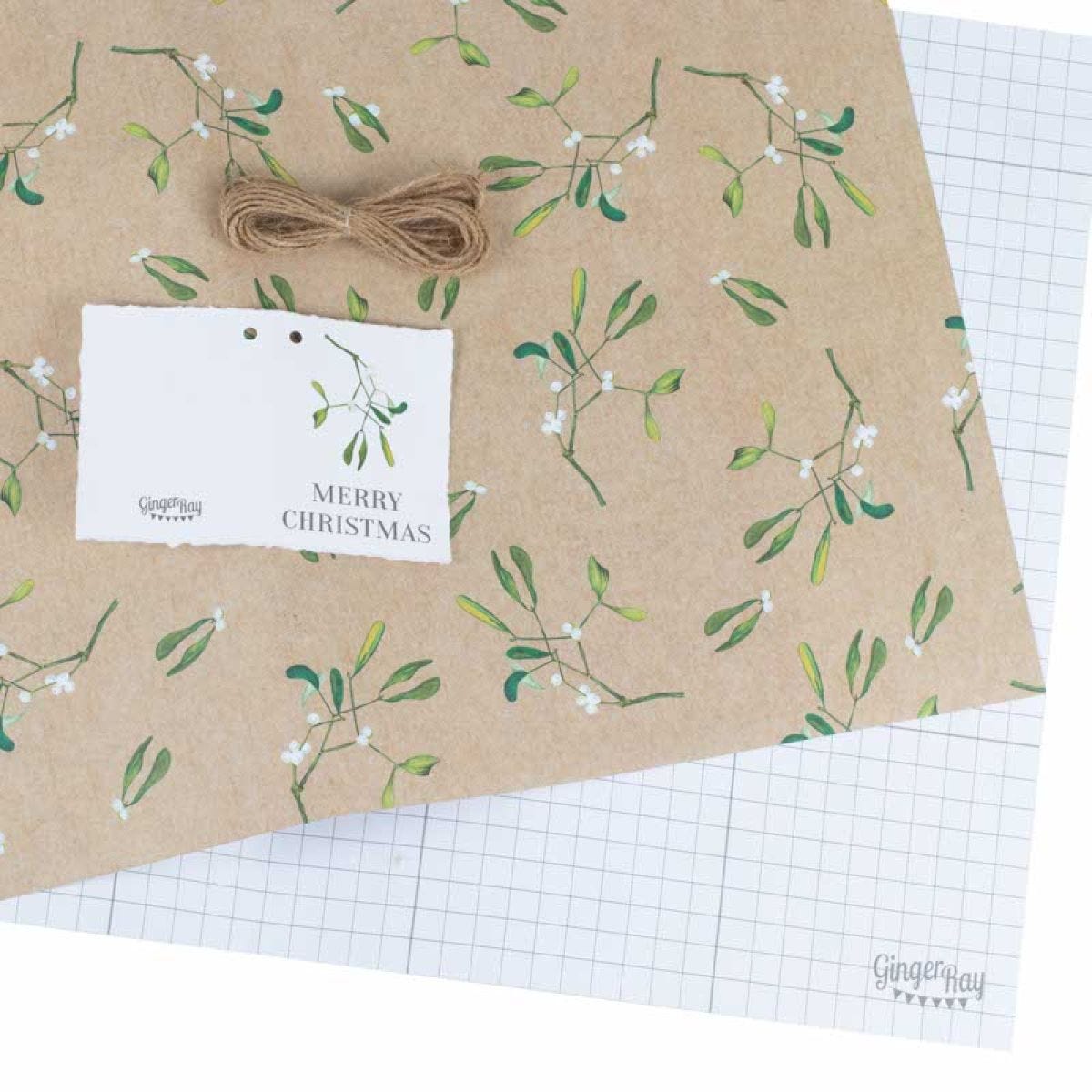 Mistletoe Wrapping Paper Kit with Ribbon & Tags - 2 Sheets (50cm x 70cm)