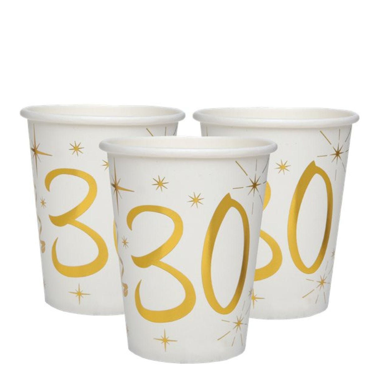 White & Gold Sparkle 30th Paper Cups - 270ml