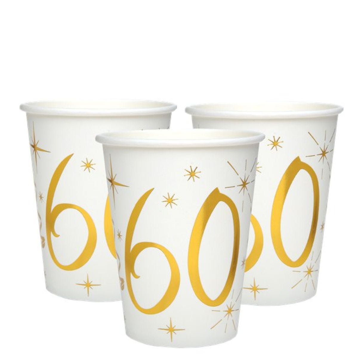 White & Gold Sparkle 60th Paper Cups - 270ml