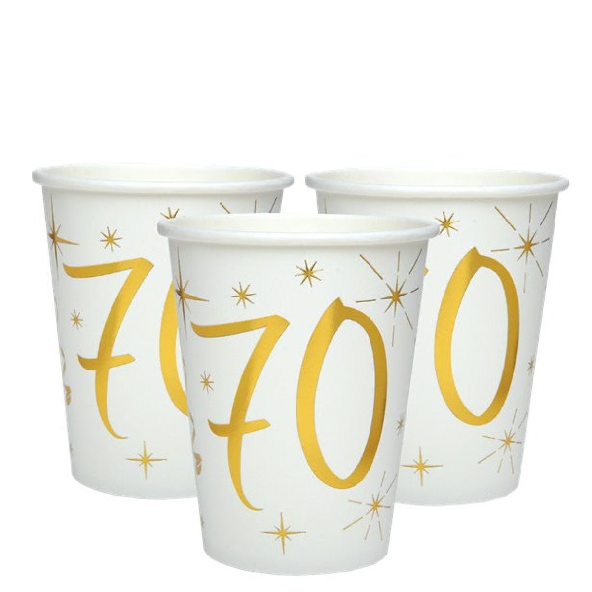 White & Gold Sparkle 70th Paper Cups - 270ml