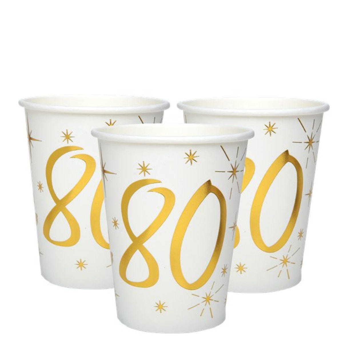 White & Gold Sparkle 80th Paper Cups - 270ml