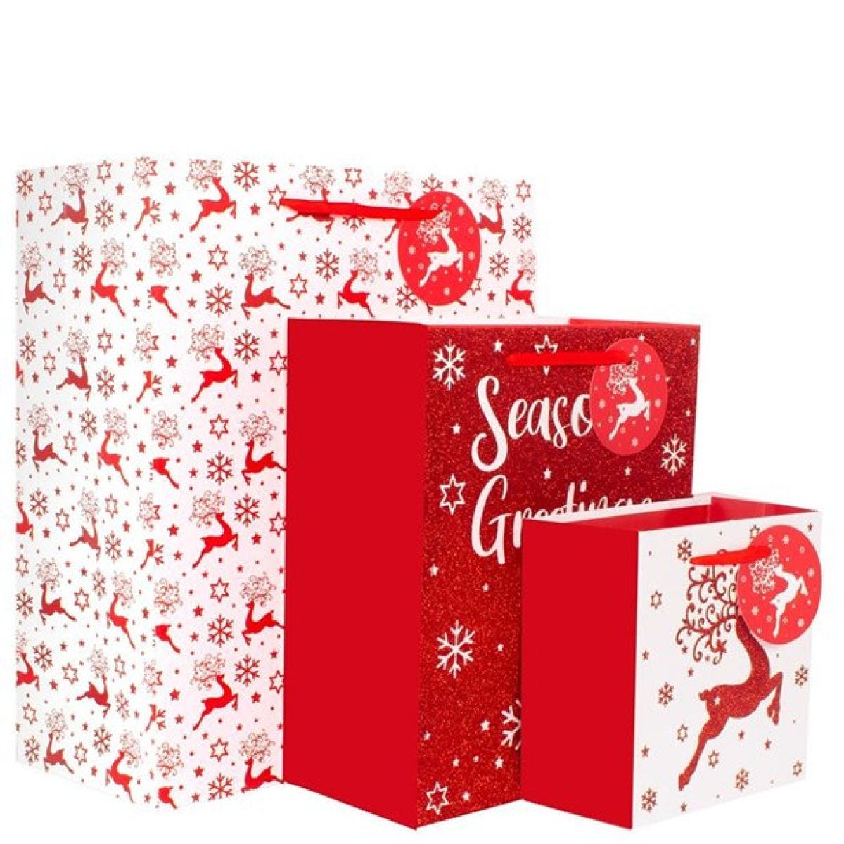 Red Glitter Reindeer Gift Bags (3pk)