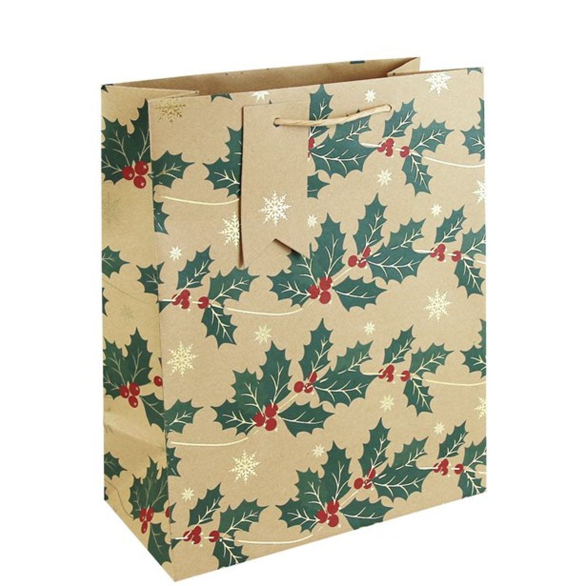 Kraft Holly Large Gift Bag - 33cm x 26.5cm