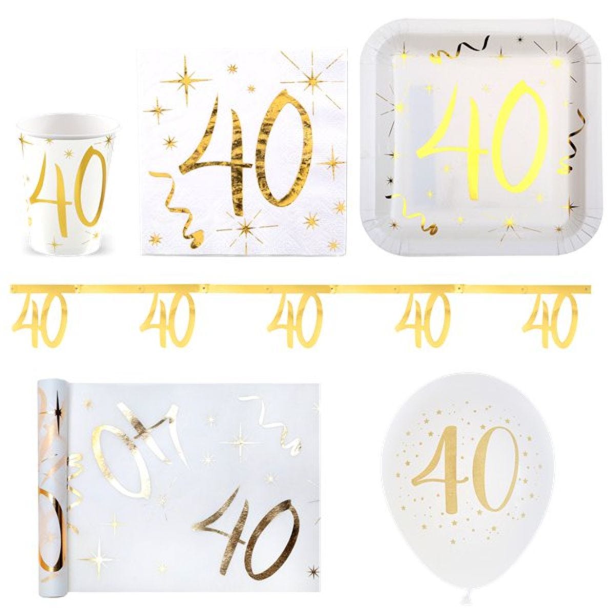 White & Gold Sparkle 40th Birthday Party Pack - Super Deluxe
