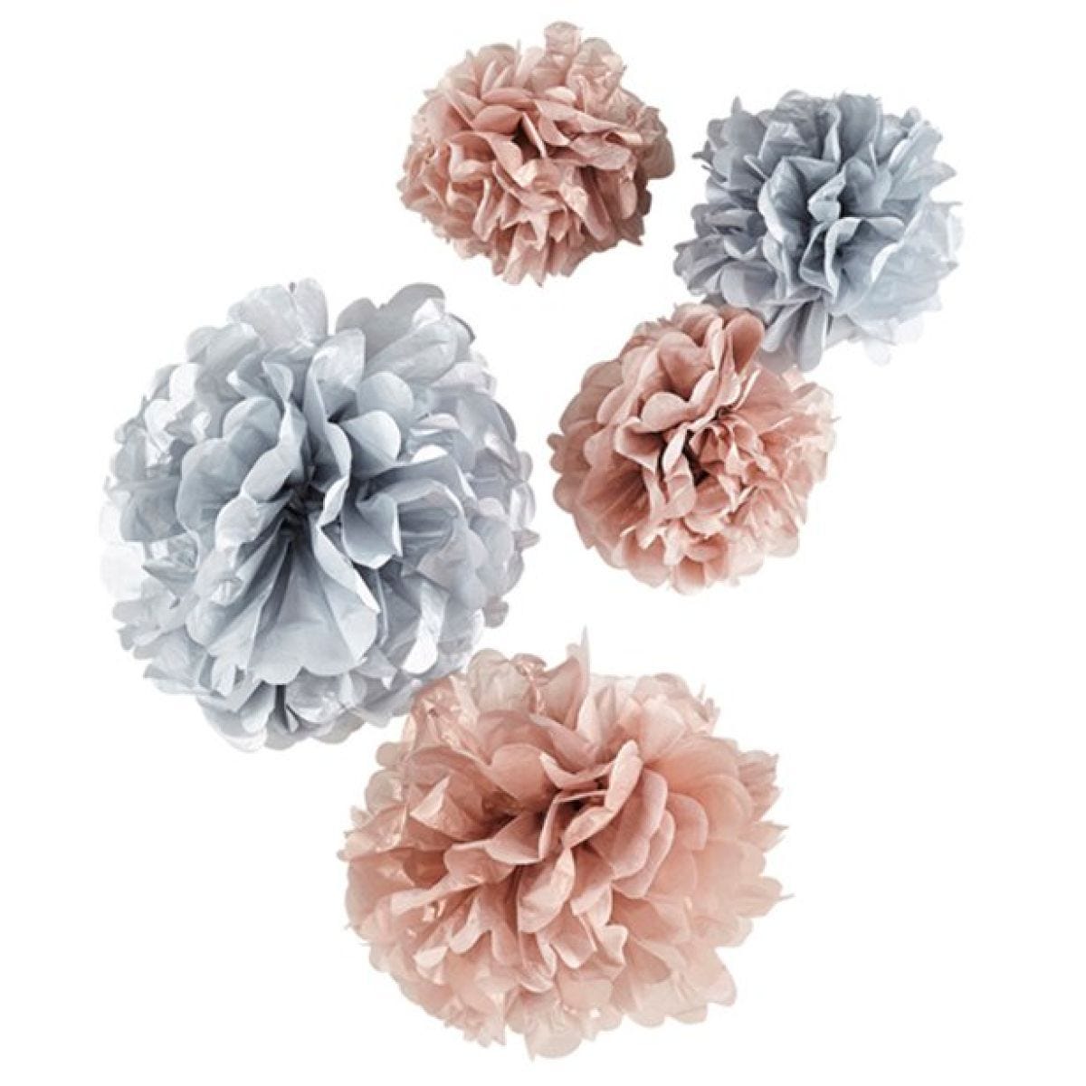 Rose Gold & Grey Paper Pom Pom Decorations (5pk)