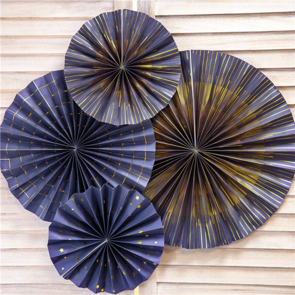 Navy Blue & Gold Mix Fan Decorations (4pk)