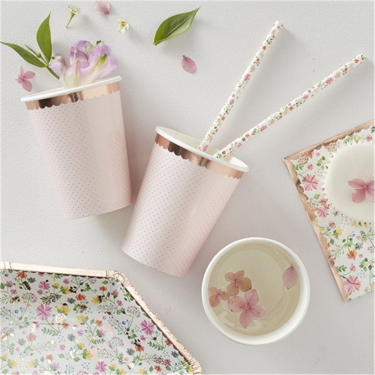 Ditsy Floral Rose Gold Polka Dot Cups (8pk)