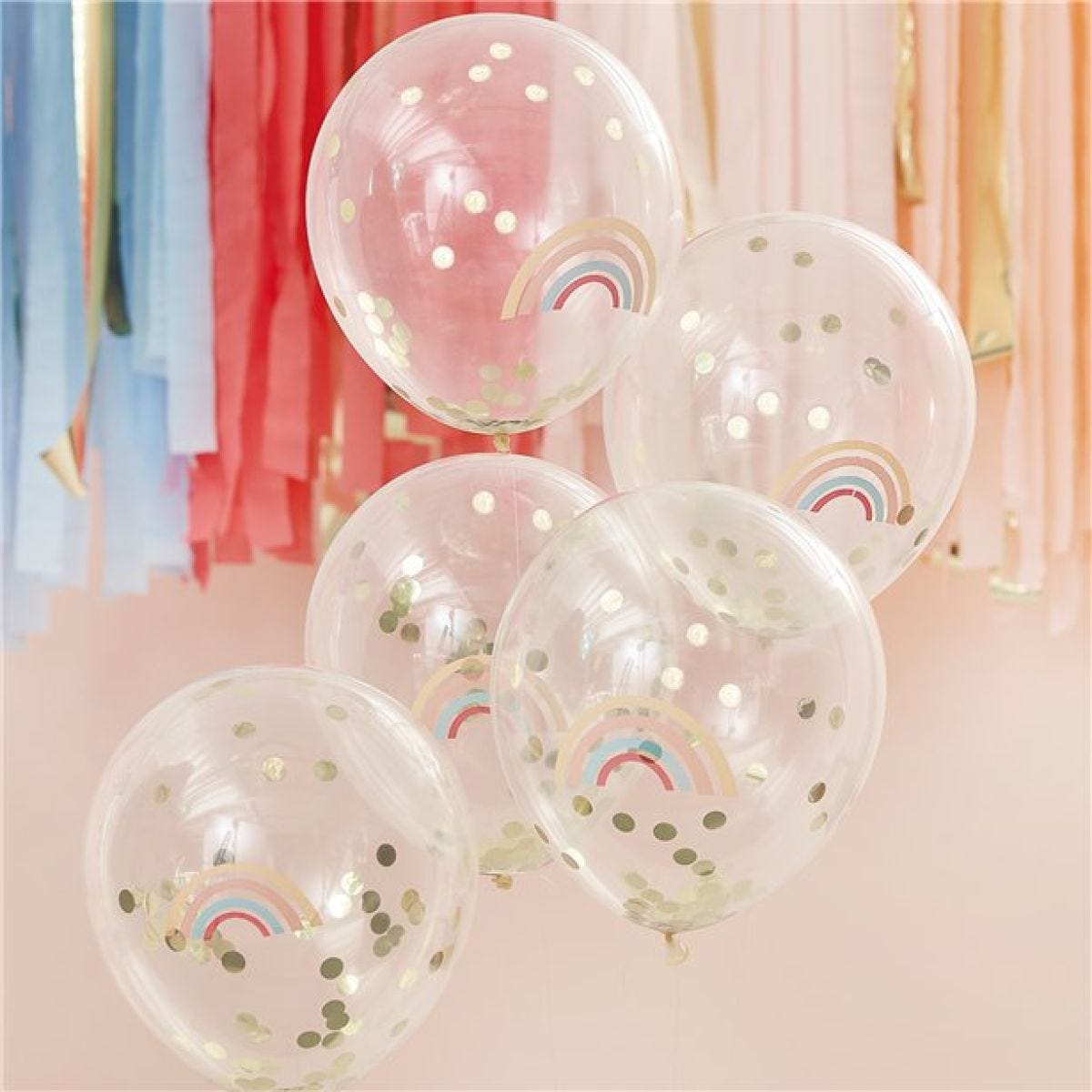 Rainbow And Gold Confetti Latex Balloons (5pk)