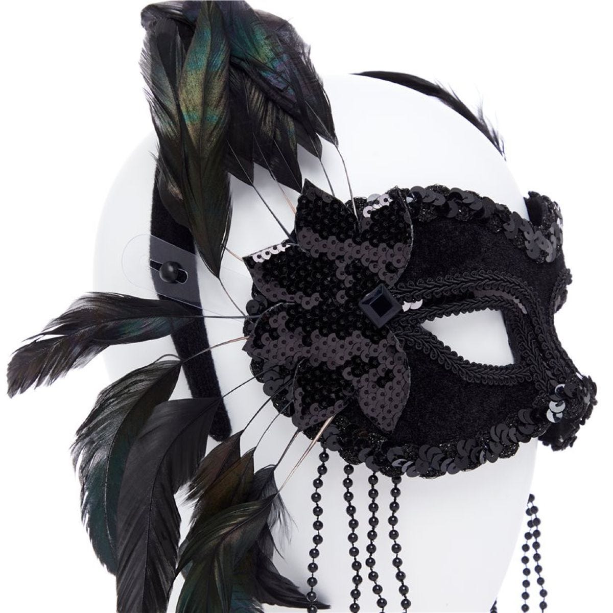 Black Masquerade Mask with Feathers & Beads