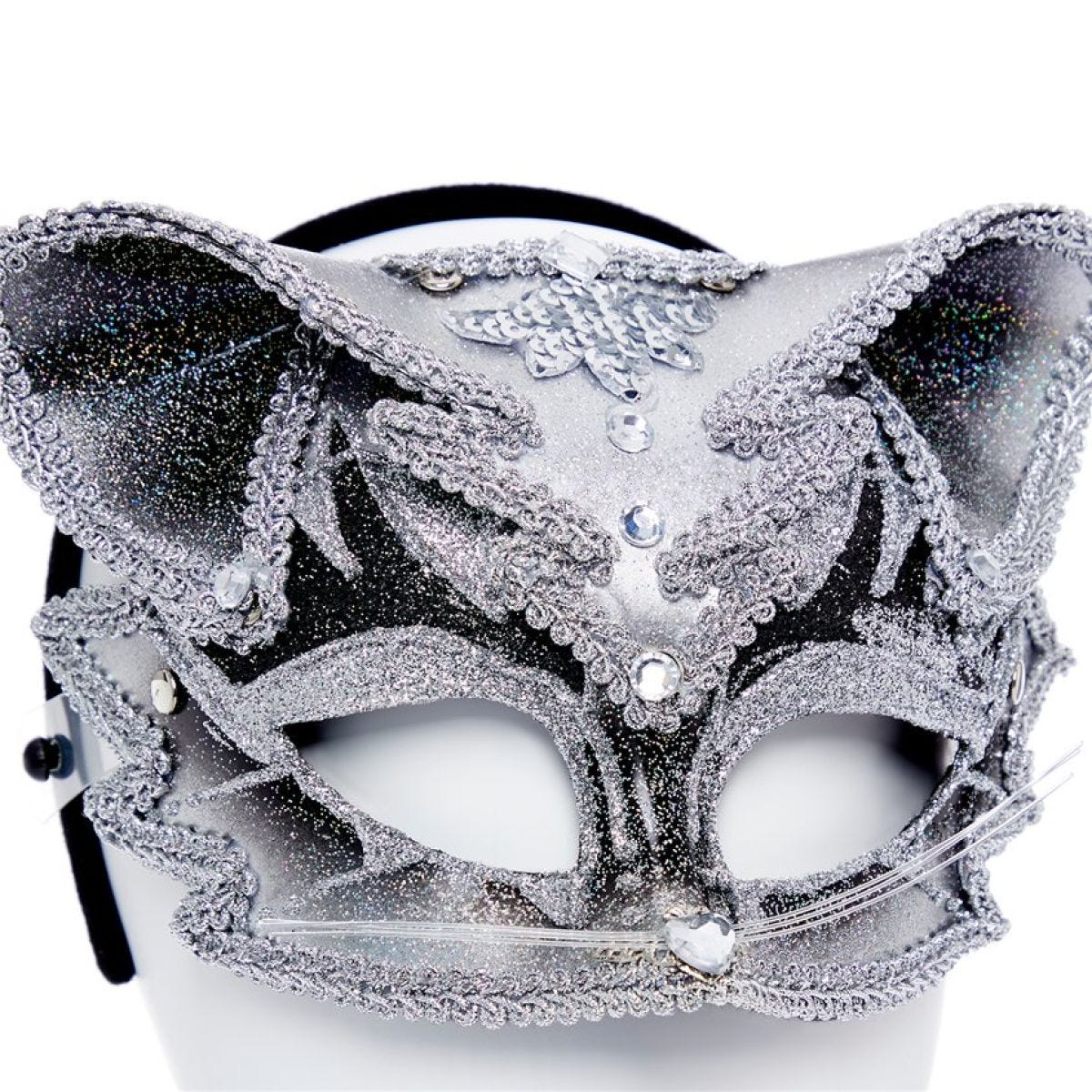 Silver & Black Jewelled Cat Masquerade Mask