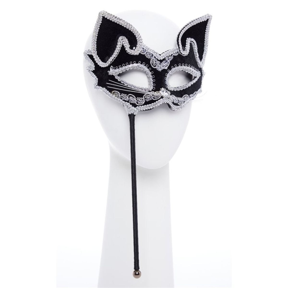 Black Cat Masquerade Mask on Stick