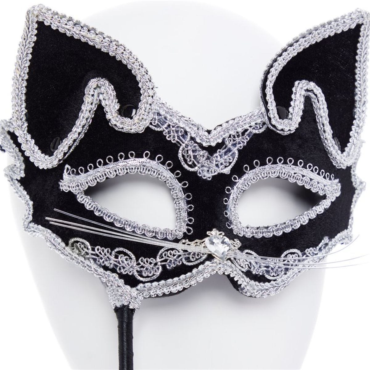 Black Cat Masquerade Mask on Stick