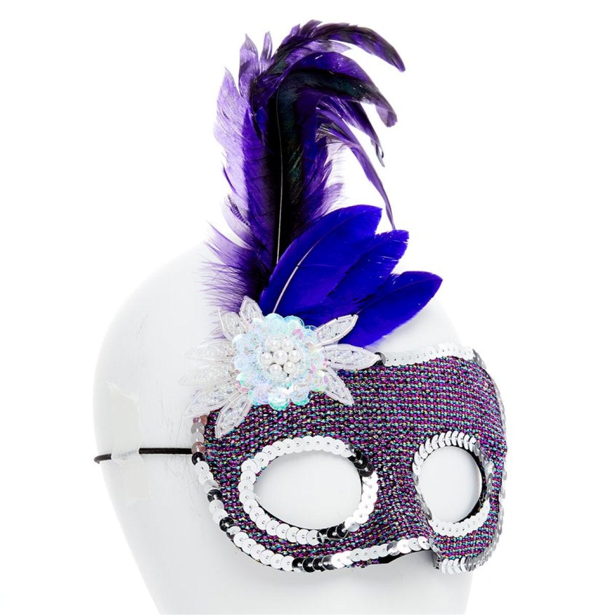 Purple Masquerade Mask with Side Feathers