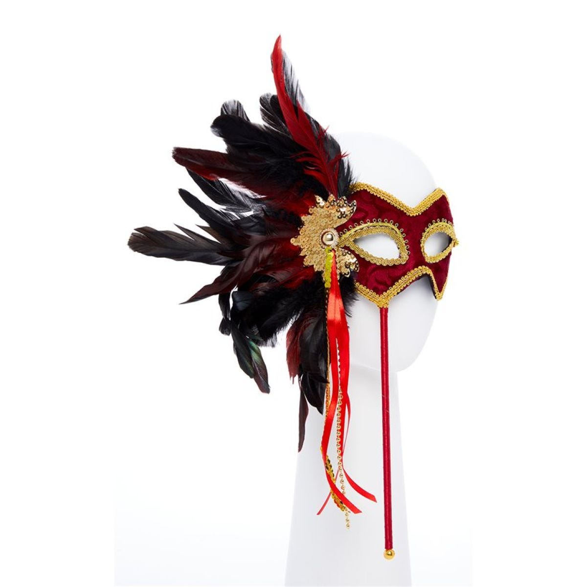 Red & Gold Masquerade Mask on Stick with Feathers