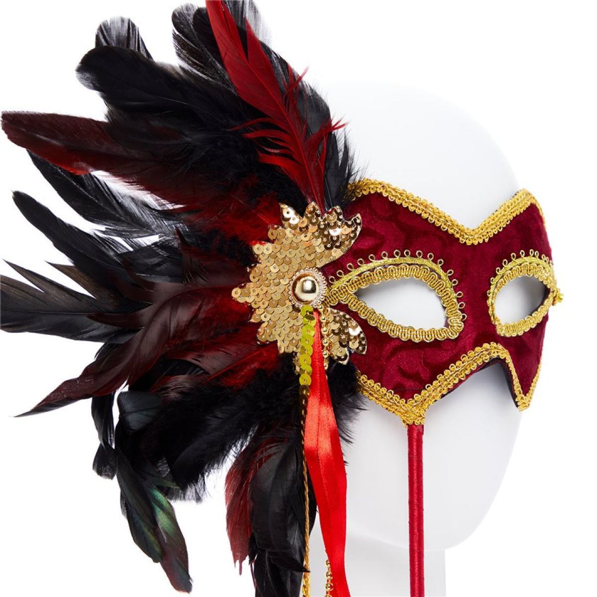 Red & Gold Masquerade Mask on Stick with Feathers