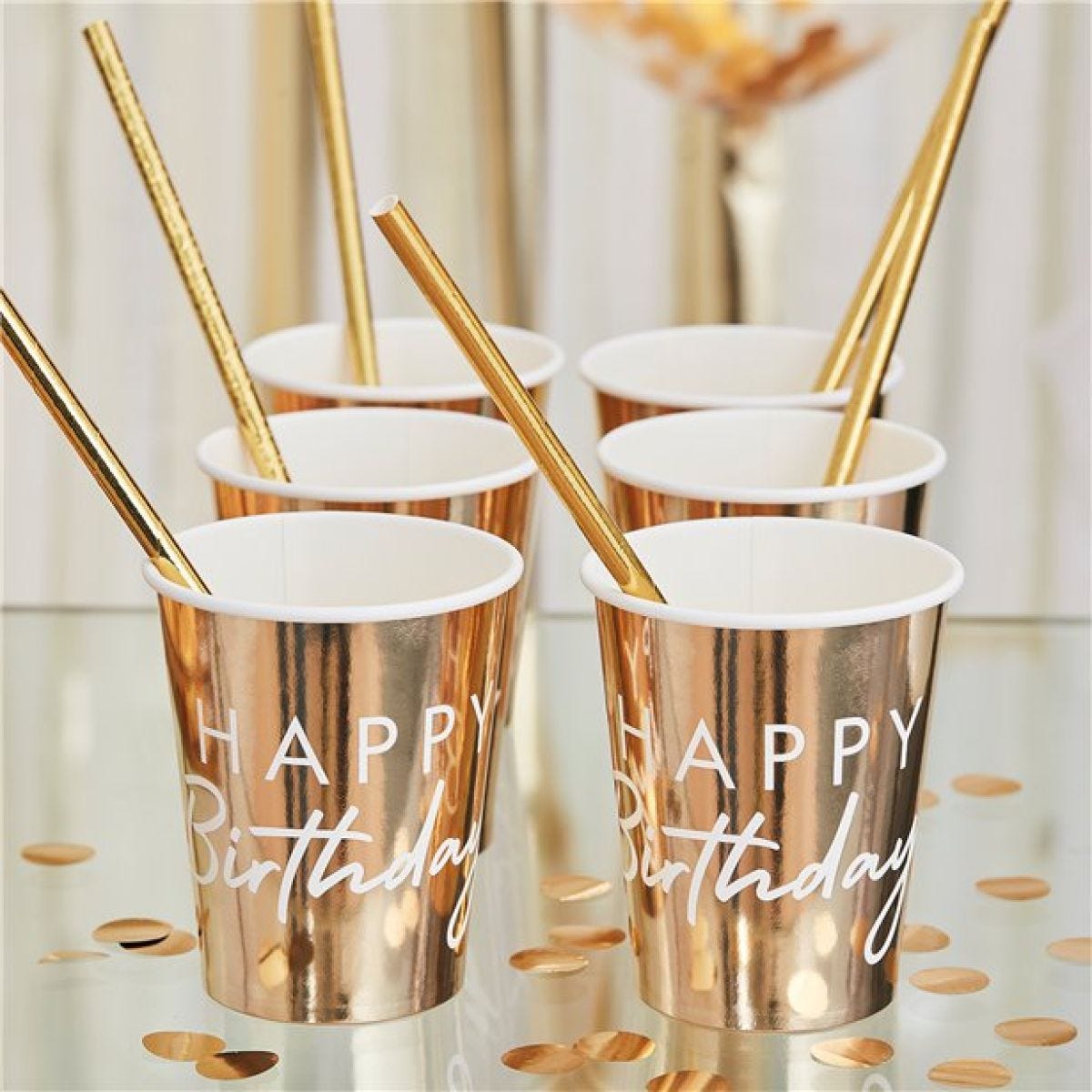 Gold Foil &apos;Happy Birthday&apos; Paper Cups - 255ml (8pk)