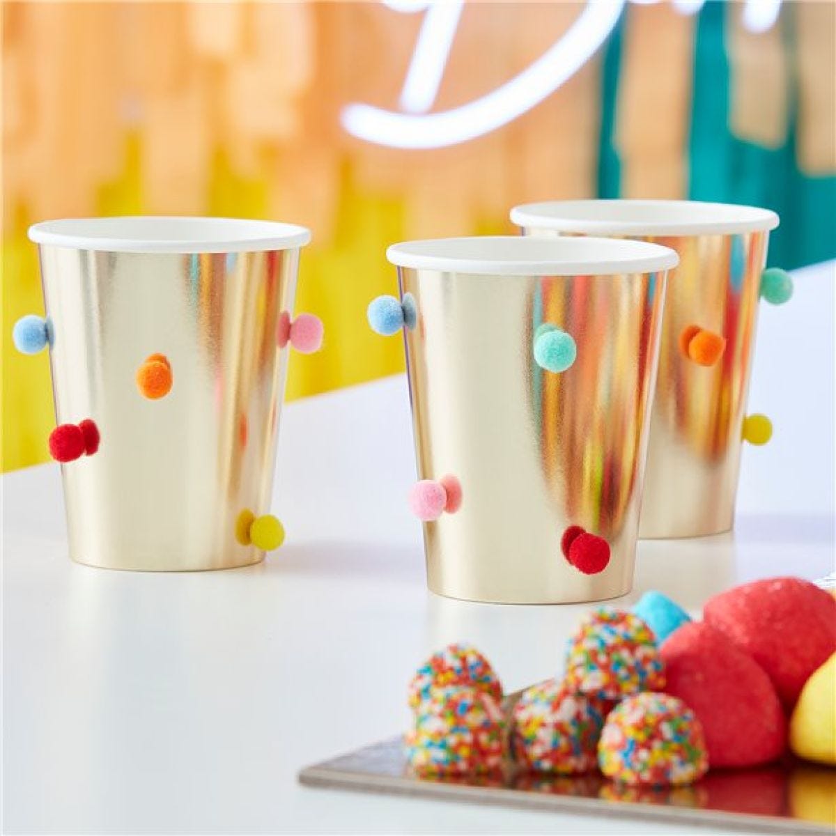 Mix It Up Rainbow Pom Poms Paper Cups - 255ml (8PK)