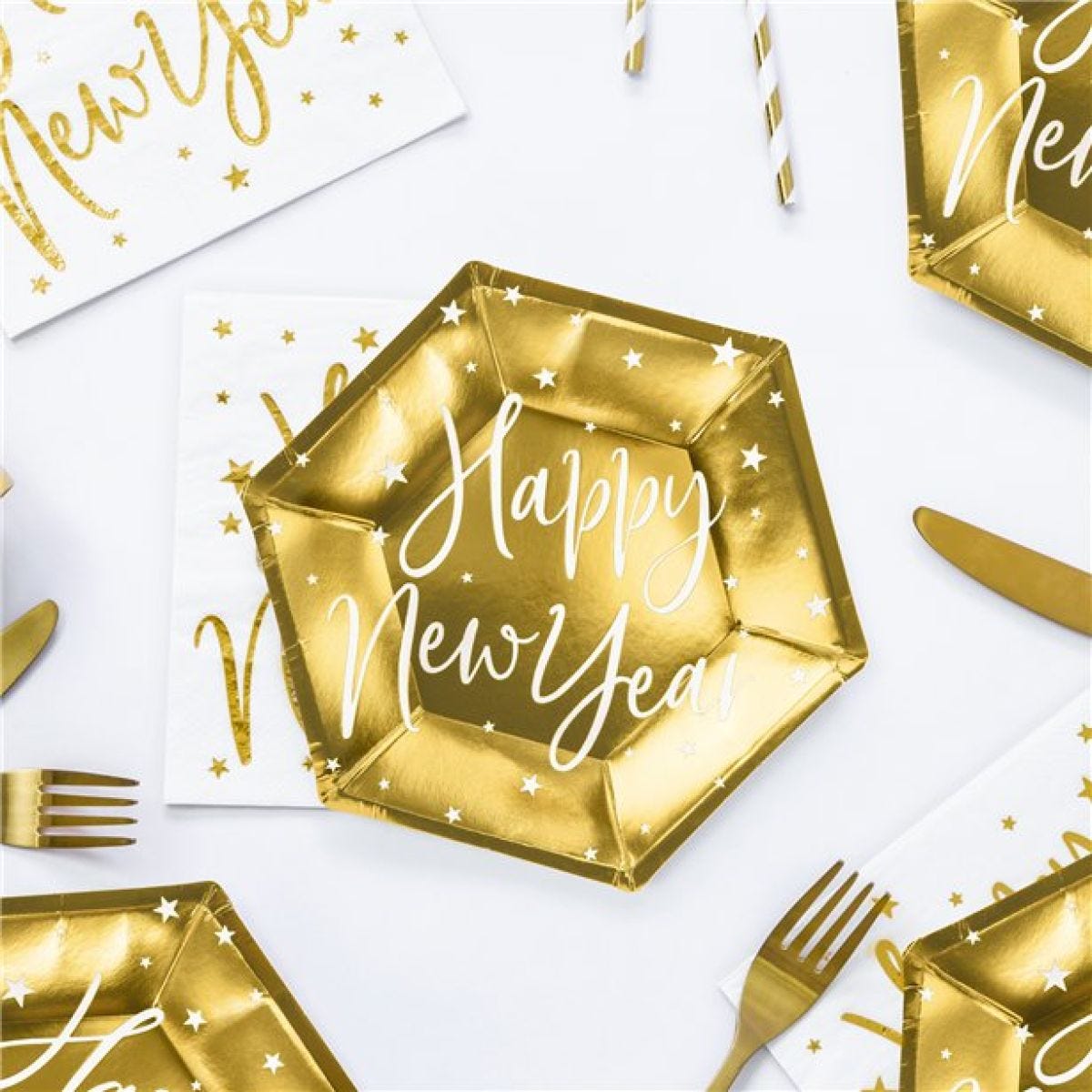 Happy New Year Metallic Gold Paper Plate - 18cm (6pk)