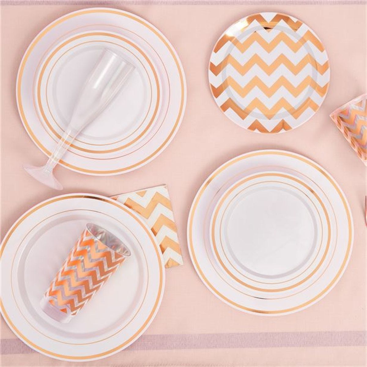 Premium White with Rose Gold Trim Plastic Dessert Plates - 19cm (20pk)