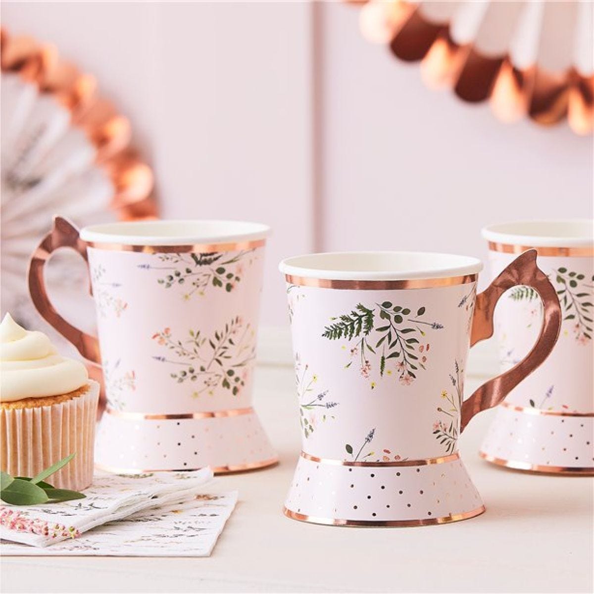 Rose Gold Floral Paper Tea Cups -255ml (8pk)