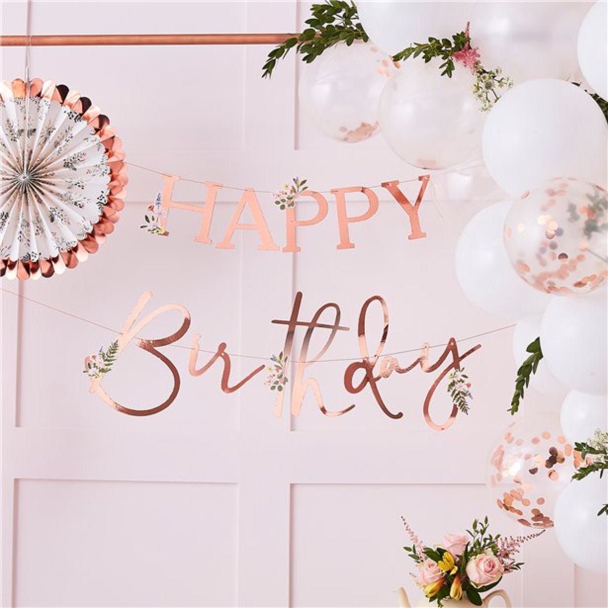 Rose Gold Floral &apos;Happy Birthday&apos; Paper Banner - 2m