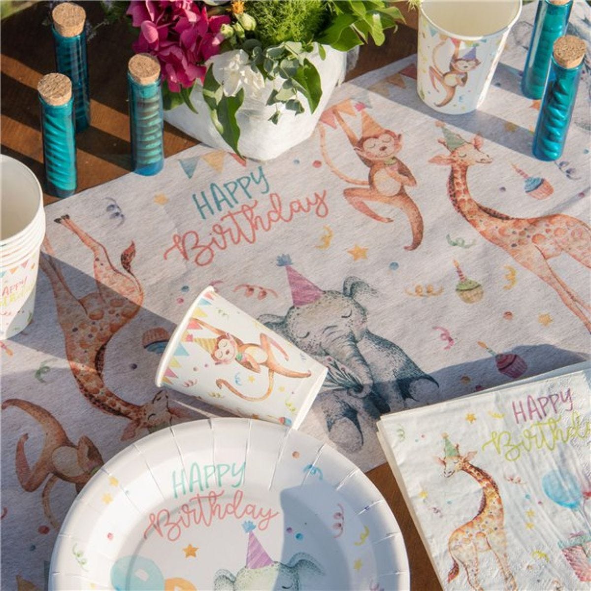 Animal Happy Birthday Fabric Table Runner - 5m