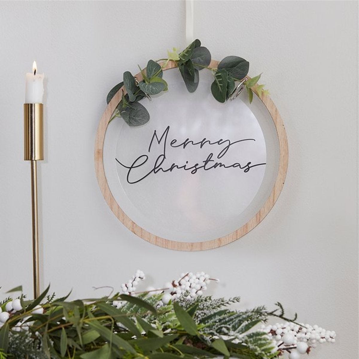 Acrylic Merry Christmas Wooden & Eucalyptus Hoop Wreath - 25cm