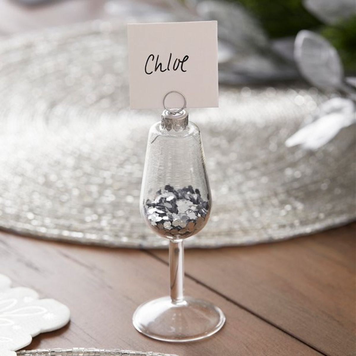 Silver Glitter Filled Wine Glass Place Card Holders (4pk)