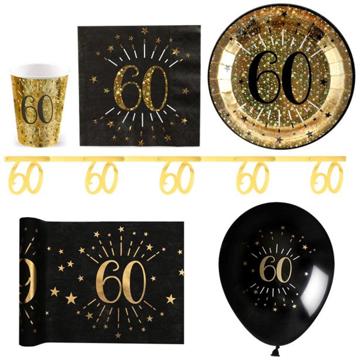 Sparkling Gold 60th Birthday Party Pack For 30 - Deluxe