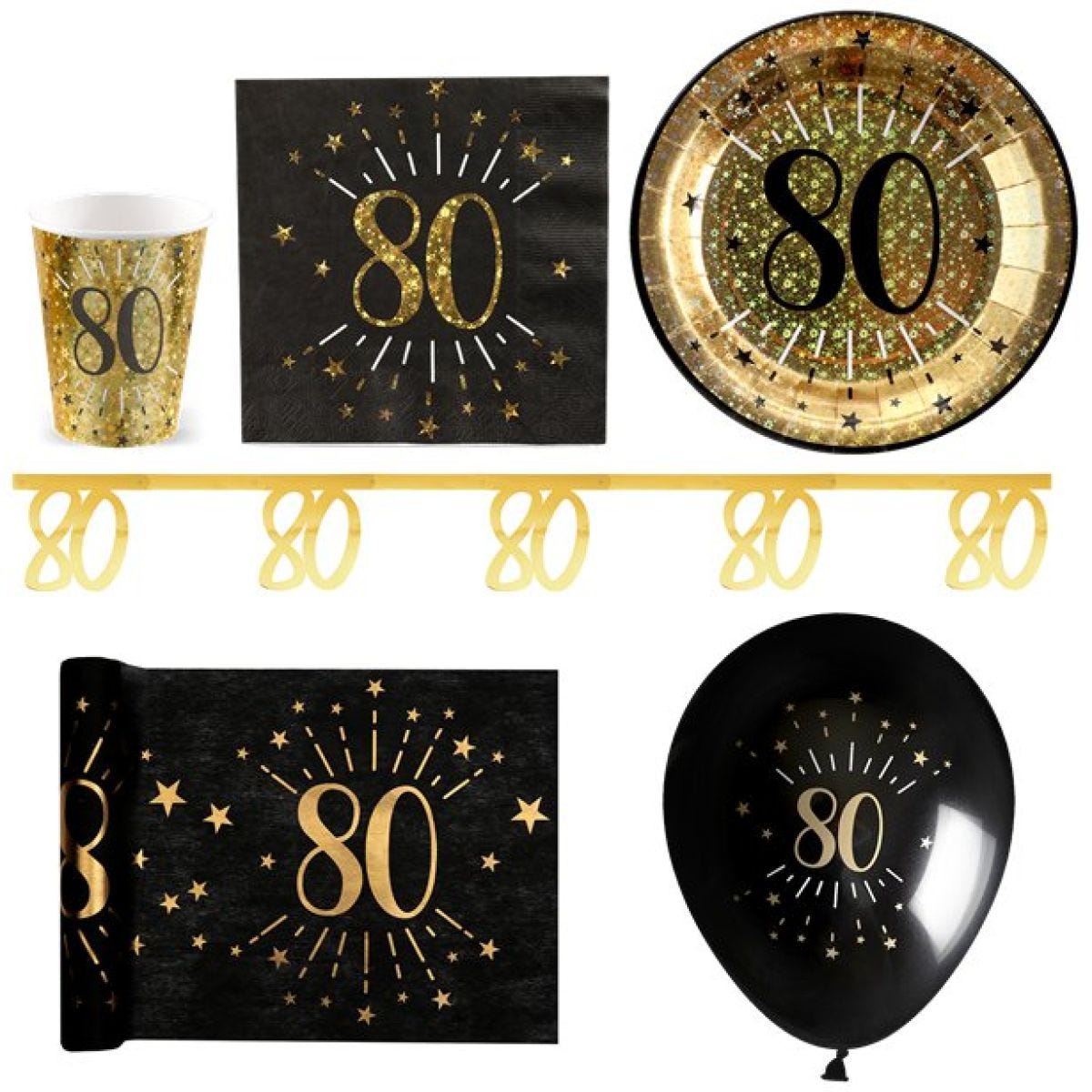 Sparkling Gold 80th Birthday Party Pack For 30 - Deluxe