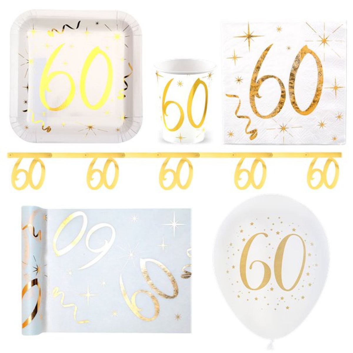 White & Gold Sparkle 60th Birthday Party Pack - Deluxe