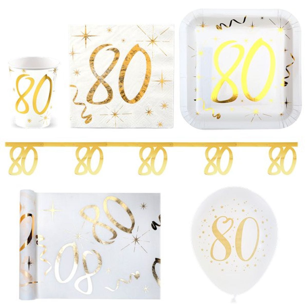 White & Gold Sparkle 80th Birthday Party Pack For 30 - Deluxe