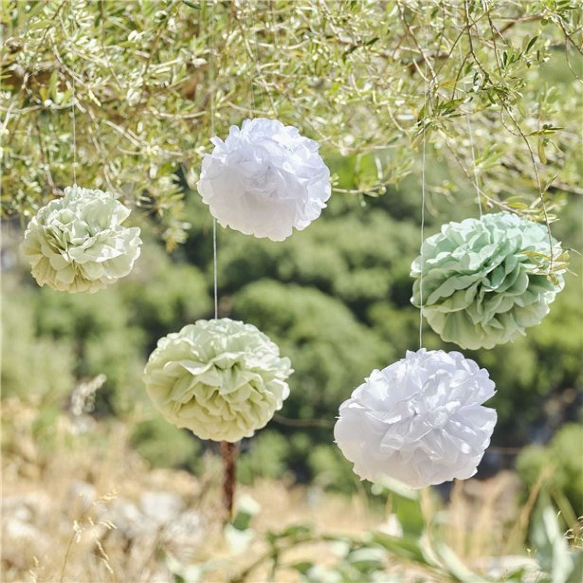 Green and White Paper Pom Pom Decorations