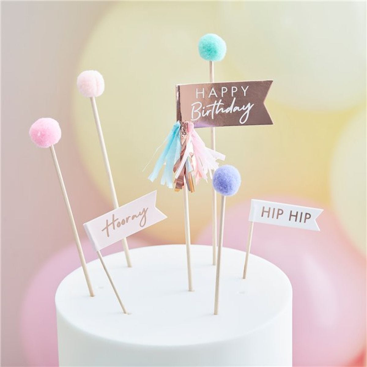 Mix It Up Pom Pom Happy Birthday Cake Toppers