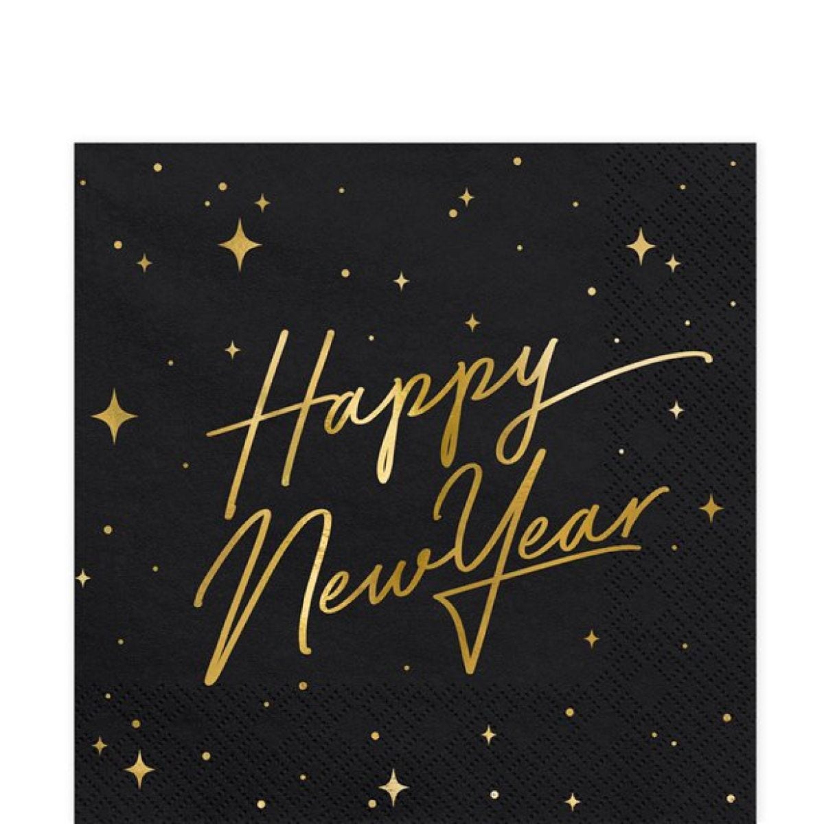 Happy New Year Black Metallic Napkins - 33cm (20pk)