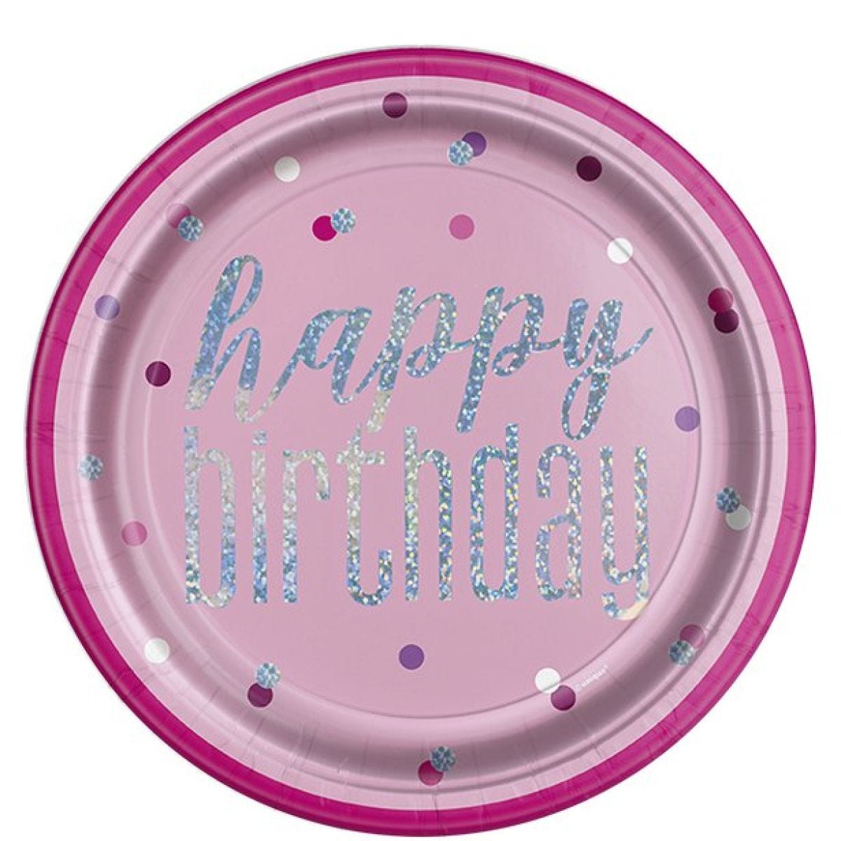 Pink Holographic &apos;Happy Birthday&apos; Paper Plates - 23cm (8pk)