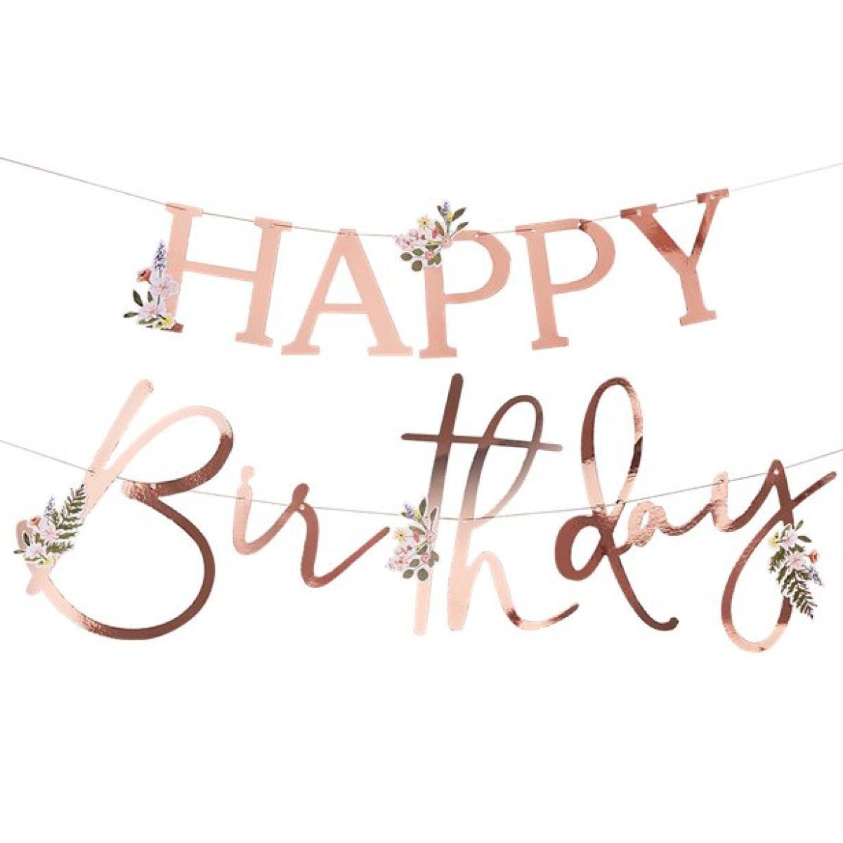 Rose Gold Floral &apos;Happy Birthday&apos; Paper Banner - 2m