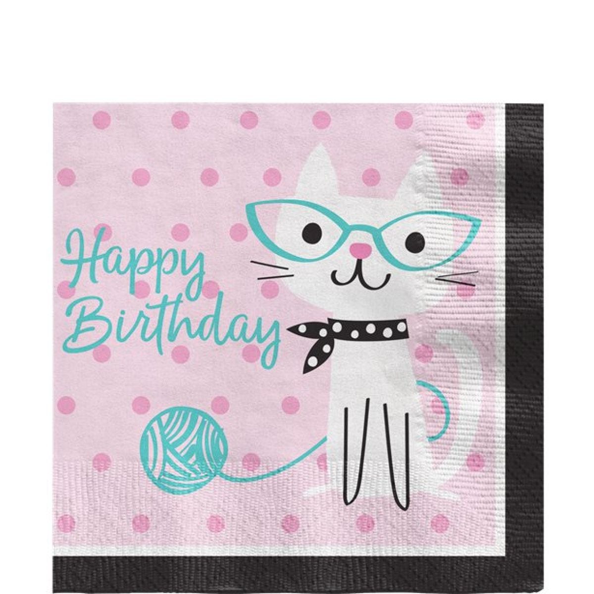 Purr-fect Party &apos;Happy Birthday&apos; Paper Napkins - 33cm (16pk)